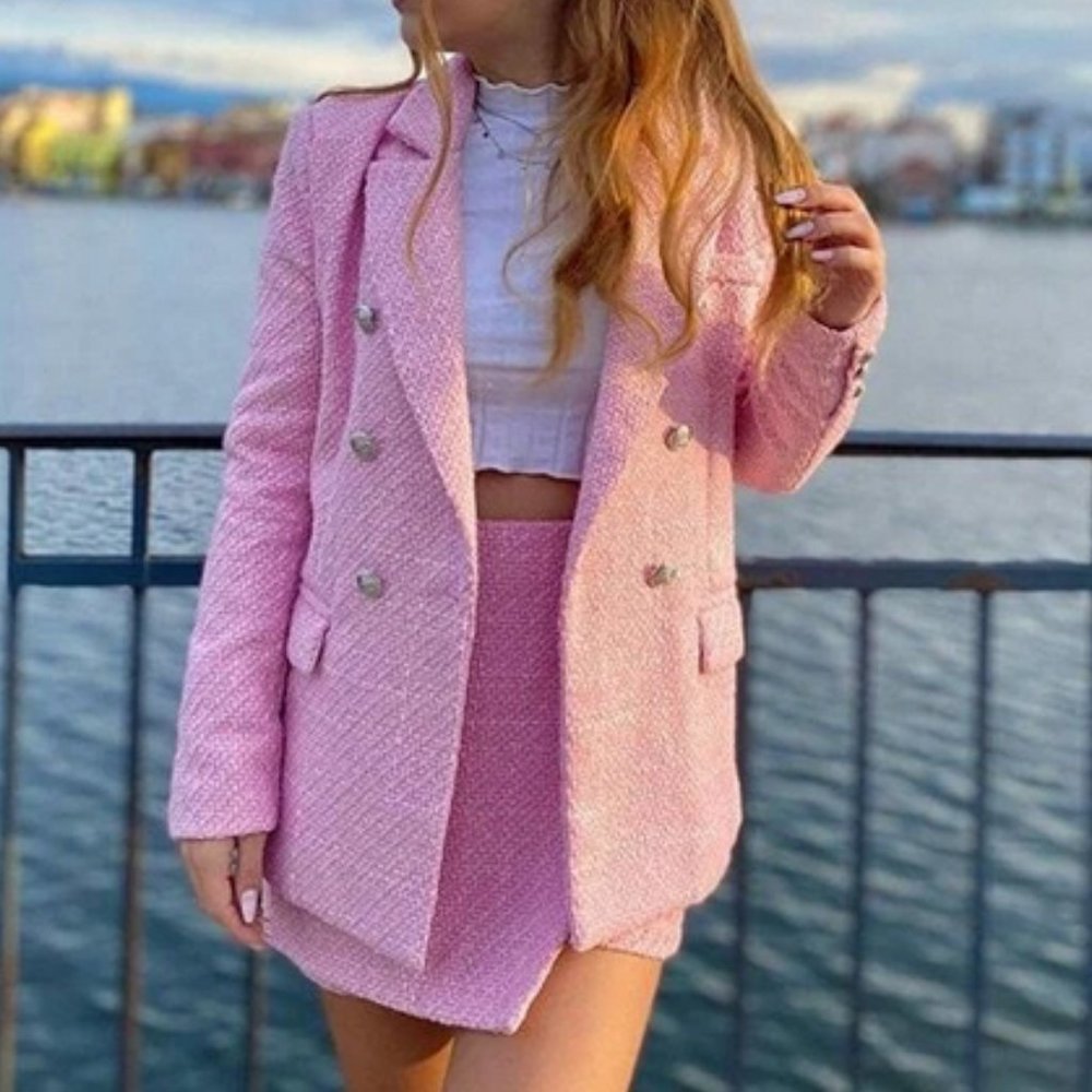 Pink Tweed Double Breasted Blazer Chic Classy - Picture 6 of 14